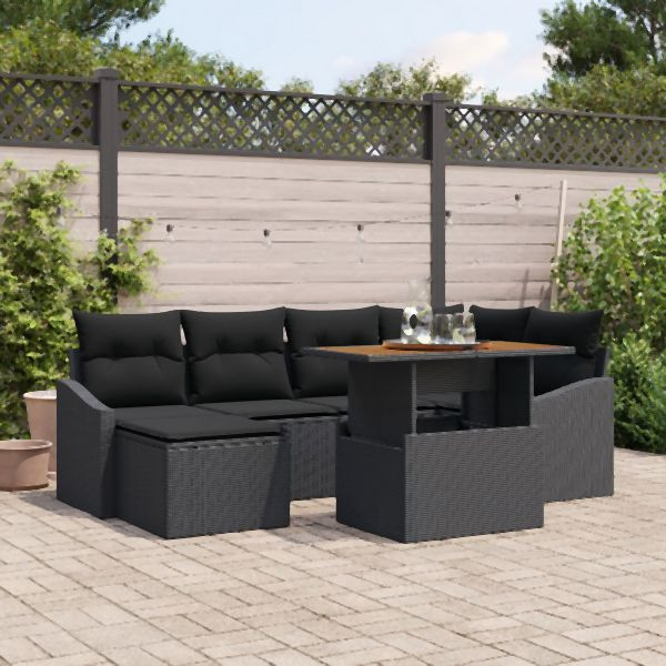 vidaXL 7-teiliges Garten Sofa Set mit Kissen Schwarz Poly Rattan, 3358599