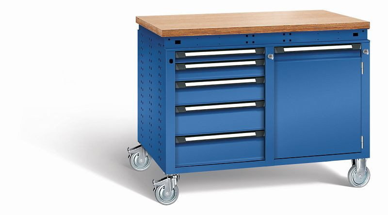 Otto Kind Werkbank Serie function Typ 253 fahrbar, Multiplexplatte 40 mm, bündig, 2x Unterbau, komplett RAL 5010, 072384113