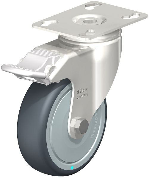Blickle LKPXA-TPA 101KD-FI-FK Edelstahl-Apparate-Lenkrolle mit Anschraubplatte & Feststeller, Thermoplastisches Gummi-Elastomer, Grau, 574772