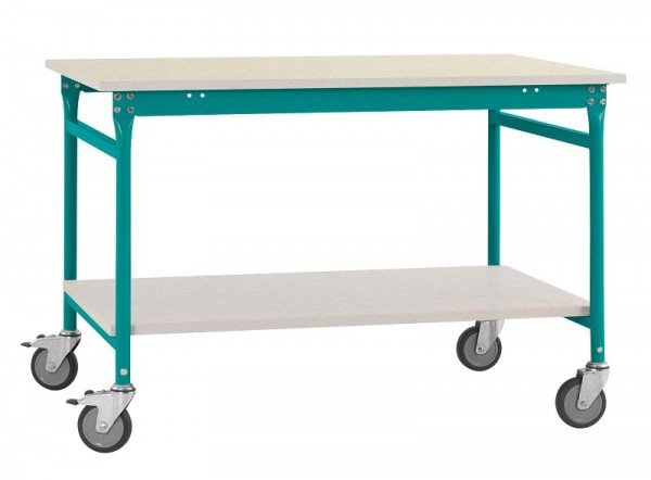 Manuflex Komplett-Beistelltisch BASIS mobil mit Kunststoff-Platte + Zwischenboden, BxTxH: 1000 x 600 x 850 mm, Wasserblau, BB5317.5021