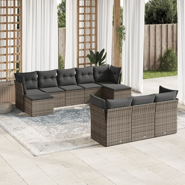 vidaXL 10-teilig Garten-Sofagarnitur mit Kissen Grau Poly Rattan, 3250169