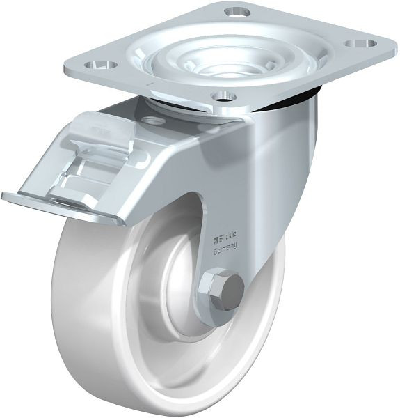 Blickle L-PO 100K-FI Stahlblech-Lenkrolle, mittelschwere Ausführung, mit Anschraubplatte & Feststeller, Polyamid, Weiß, 579961