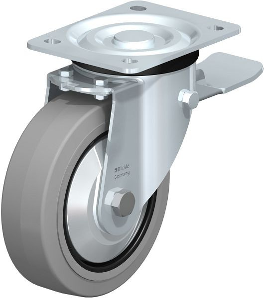 Blickle L-POEV 160R-ST-SG-FA Stahlblech-Lenkrolle, mittelschwere Ausführung, mit Anschraubplatte & Feststeller, Elastik-Vollgummi, Grau, 298653