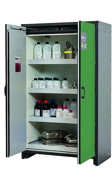 asecos Sicherheitsschrank Q-CLASSIC-30, Q30.195.116 in resedagrün RAL 6011 mit 3x Wannenboden Standard (Stahlblech), 31003-068-30007