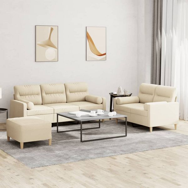 vidaXL 3-teilig Sofagarnitur mit Kissen Creme Stoff, 3201626