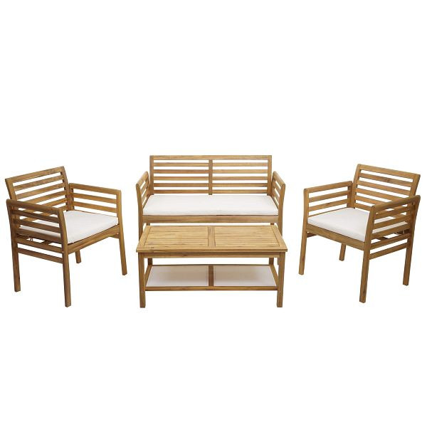 Mendler Gartengarnitur HWC-E99b, Sitzgruppe Balkon-Set Lounge-Set, Akazienholz massiv, Kissen creme, 76216+76217+76218