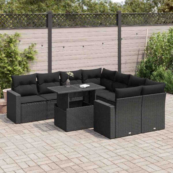 vidaXL 9-tlg. Garten-Sofagarnitur mit Kissen Schwarz Poly Rattan, 3326286