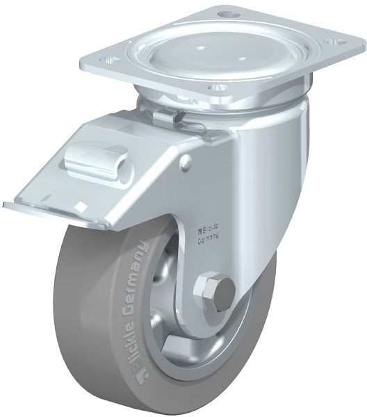 Blickle LU-ALEV 150K-FI-SG Stahlblech-Lenkrolle, schwere, geschlossene Ausführung, mit Anschraubplatte & Feststeller, Elastik-Vollgummi, Grau, 852007