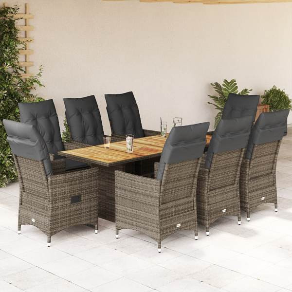 vidaXL 9-tlg. Garten-Essgruppe mit Kissen Grau Poly Rattan, UV-beständig, 3276734