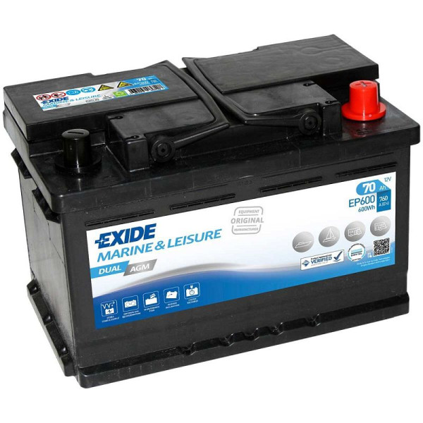Exide Dual AGM Boots-Batterie 12V 70Ah 600WH 760A, EP600
