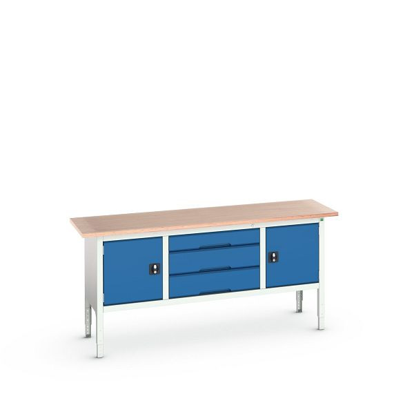 bott verso Kastenwerkbank (Multiplex-Platte) mit 3 Schubladen und 2 Türen, BxTxH: 2000 x 600 x 830 - 930 mm, Lichtgrau / Enzianblau, 16923032.11