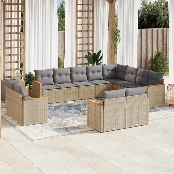 vidaXL 12-teilig Garten-Sofagarnitur mit Kissen Beige Poly Rattan, 3226514