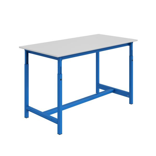 SOFAME PTWerkbank, mechanisch höhenverstellbar, 2000 x 750 x 770 bis 1050 mm, RESITOP Laminat-Arbeitsplatte 30 mm, Himmelblau RAL 5015, W010020285BI