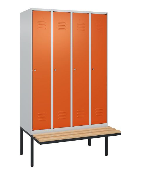 C+P Umkleidespind Classic PLUS, 4 Abteile, 2120x1200x815mm, 7035/2004, Zylinderschlösser, Buche-Sitzleisten, je 2 Doppel-Haken, 0800407-40F S10120