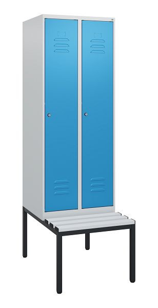 C+P Umkleidespind Classic PLUS, mit untergebauter Sitzbank, 2 Abteile, 1950x600x815mm, 7035/5012, Zylinderschlösser, 0800505-20 S10049