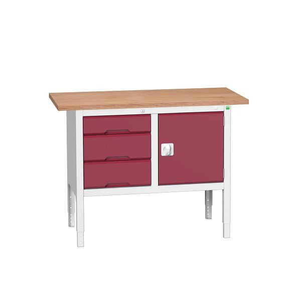bott verso Kastenwerkbank mit einstellbarer Arbeitshöhe und Schubladenschrank mit 3 Schubladen, 1250x600x830-930mm, Lichtgrau/Purpurrot, 16923003.24