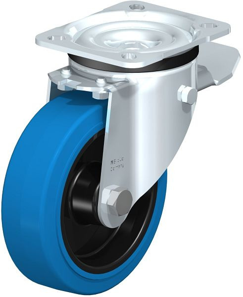 Blickle LK-POEV 125XR-1-ST-SB Stahlblech-Lenkrolle, schwere Ausführung, mit Anschraubplatte & Feststeller, Elastik-Vollgummi, Blau, 851066
