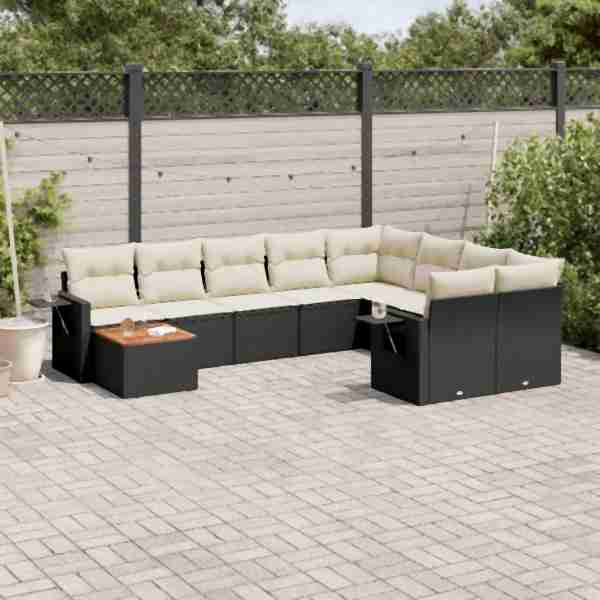 vidaXL 10-tlg. Garten-Sofagarnitur mit Kissen Schwarz Poly Rattan, UV-beständig, 3257057