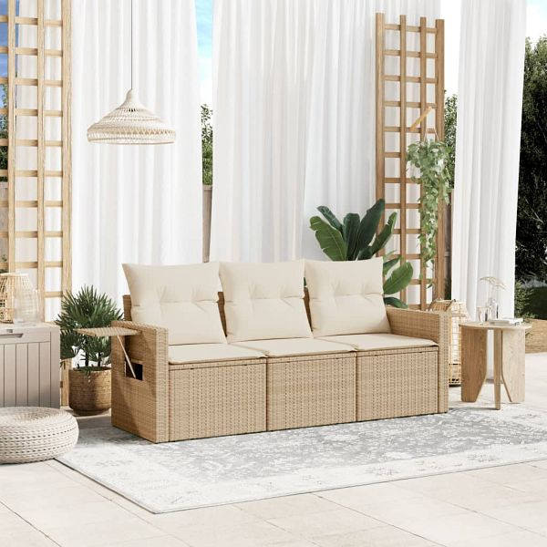 vidaXL 3-teilig Garten-Sofagarnitur mit Kissen Beige Poly Rattan, 3219857