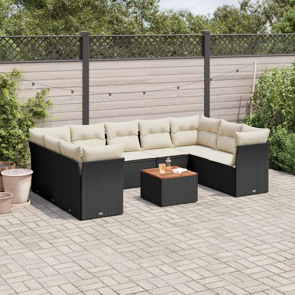 vidaXL 10-tlg. Garten-Sofagarnitur mit Kissen Schwarz Poly Rattan, 3223802