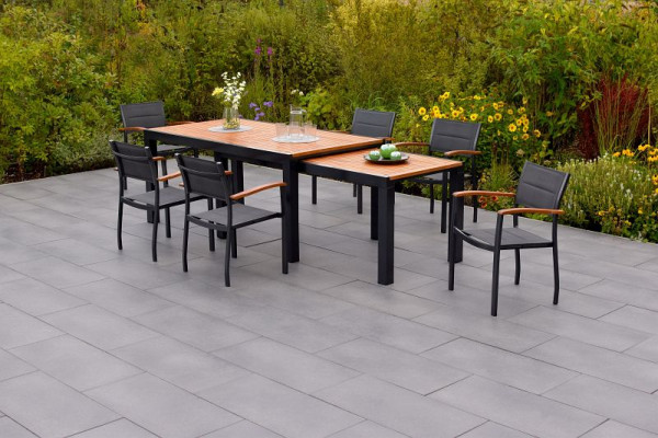 Merxx Paxos Set 7-teilig, 6 Stapelsessel, 1 Flex Ausziehtisch 180 (300) x 100 cm, Aluminium mit FSC Akazienholz, 50640-307