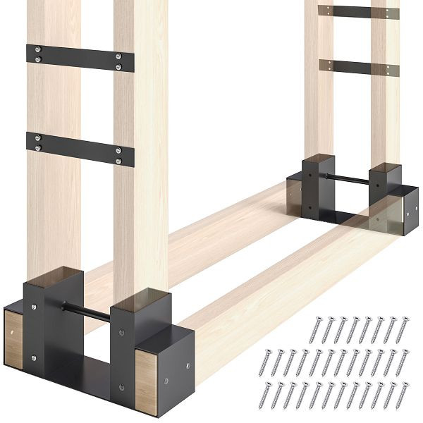 Outsunny 2er Set Kaminholz Lagerregal Halterung Kit, verstellbare Holzregallänge Metall Schwarz, 842-412V00BK