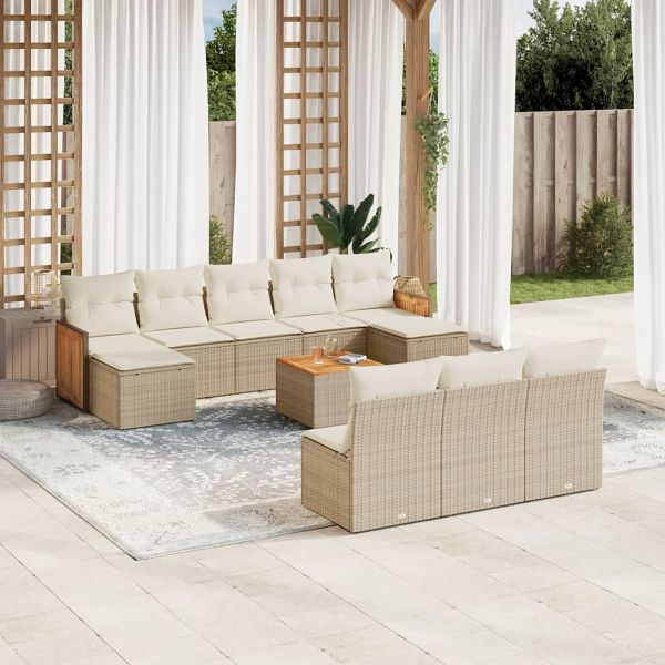 vidaXL 11-tlg. Garten-Sofagarnitur mit Kissen Beige Poly Rattan, 3260476
