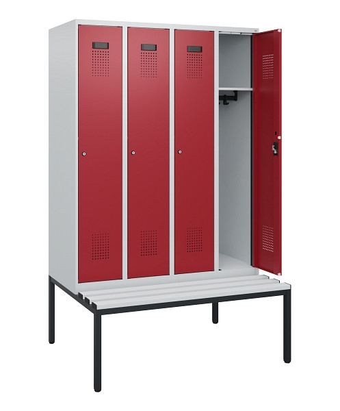 C+P Spind Evolo PLUS, 4 Abteile, 1950x1200x815mm, 7035/3003, Zylinderschloss, Material Sitzfläche Kunststoff, Sitzbank, 0490505-40 S10085