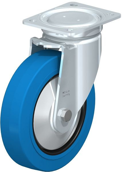 Blickle LU-POEV 200XR-SB-FA Stahlblech-Lenkrolle, schwere, geschlossene Ausführung, mit Anschraubplatte, Elastik-Vollgummi, Blau, 851629