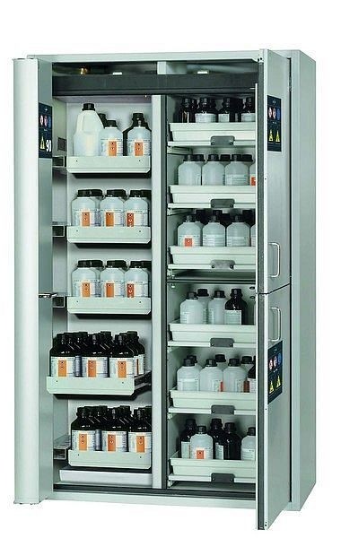 asecos Kombi-Sicherheitsschrank K-PHOENIX-90, K90.196.120.MF.FWAS in lichtgrau RAL 7035 mit 6x Auszugswanne Standard (Stahlblech), 30333-001-30339