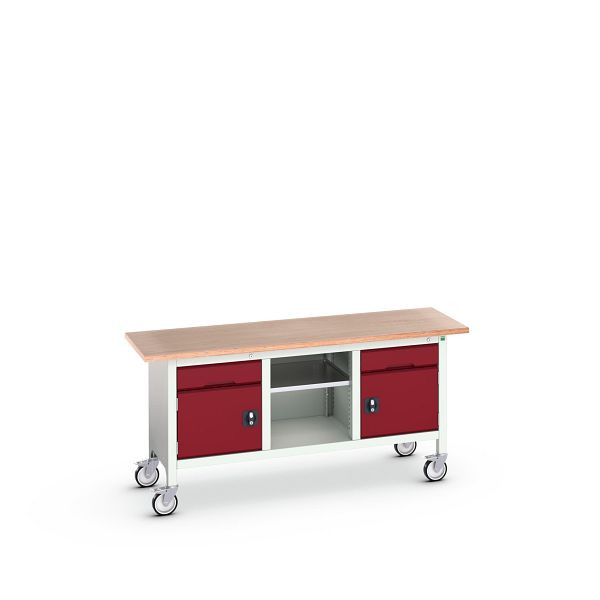 bott verso mobile Kastenwerkbank (Multiplex) 2 Schubladen, 2 Türen und 1 Ablageboden, BxTxH: 1750 x 600 x 830 mm, Lichtgrau / Purpurrot, 16923221.24