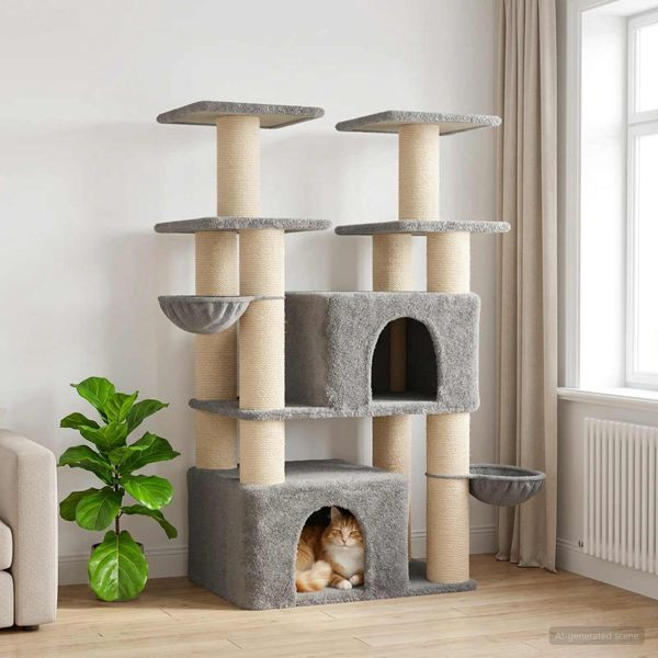 vidaXL Katzenbaum mit Sisal-Kratzsäulen 2 Stk. Hellgrau 147 cm, 3422901