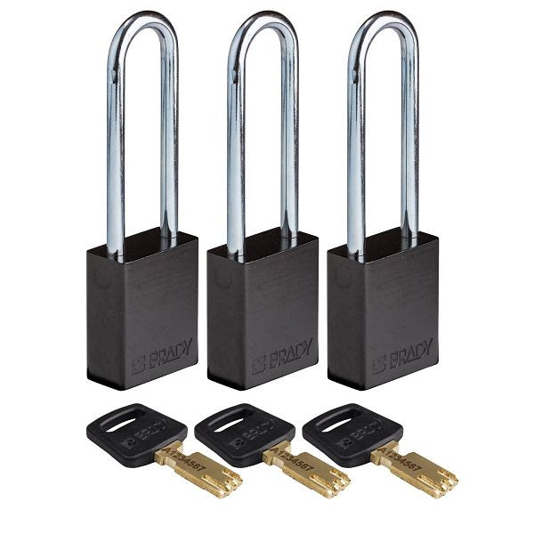 Brady Vorhängeschlösser SafeKey, eloxiertes Alu, lichte Bügelhöhe 76,20 mm, schwarz, VE: 3 Stück, 311815