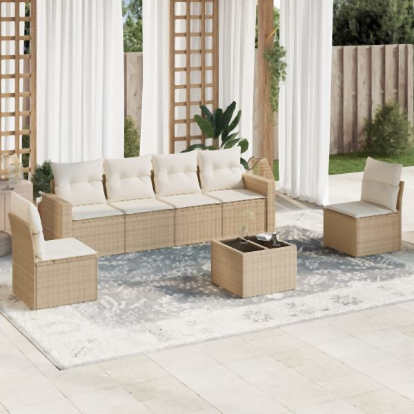 vidaXL 7-tlg. Garten-Sofagarnitur mit Kissen Beige Poly Rattan, 3218808