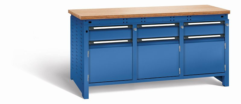 Otto Kind Werkbank Serie function Typ 309, Multiplexplatte 40 mm, bündig, 2x Unterbau + mittleres Feld, komplett RAL 5010, 072364113