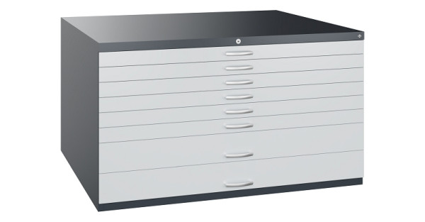 C+P Flachablageschrank Serie 7100_7200, H760xB1350xT960mm, 7016/7035, 2 Schubladenblenden doppelwandig, 7201-200 S10424