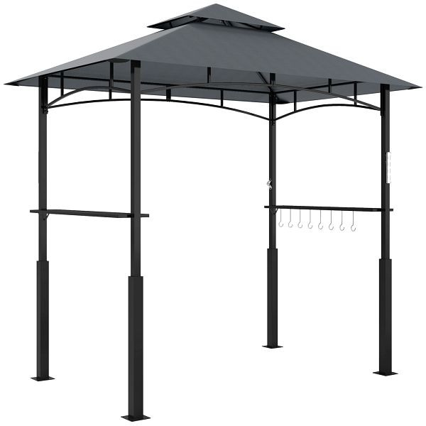 Outsunny Grillpavillon, Gartengrillzelt mit Gewürzregalen, LED-Beleuchtung, Metall, Kunststoff, 243L x 148B x 248H cm, Grau, 84C-537V00CG