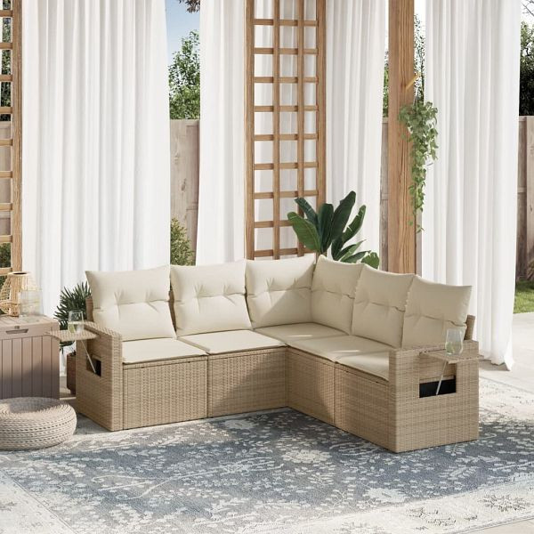 vidaXL 5-teilig Garten-Sofagarnitur mit Kissen Beige Poly Rattan, 3252485