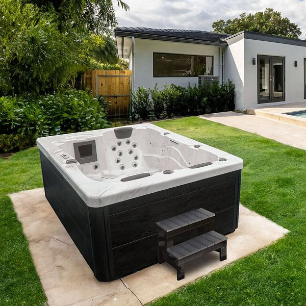 HOME DELUXE Outdoor Whirlpool mit Treppe und Thermoabdeckung WHITE MARBLE Anthrazit - 210 x 160 cm für 3 Personen, 74038
