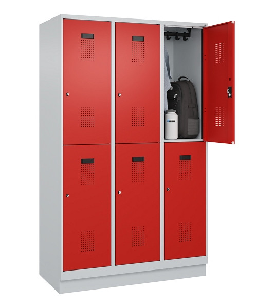 C+P Doppelstöckiger Spind Evolo PLUS, mit Sockel, 6 Fächer, 1950x1200x500mm, 703, Frontfarbe RAL 3020 Verkehrsrot, Zylinderschloss, 049320-32 S10032