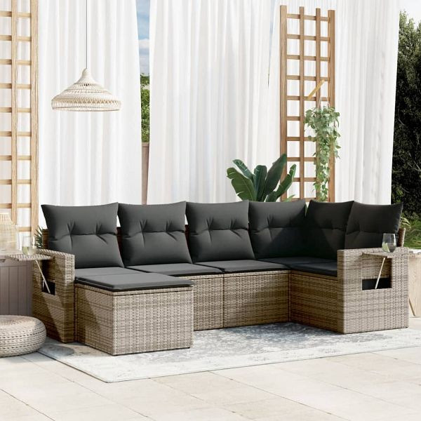vidaXL 6-teilig Garten-Sofagarnitur mit Kissen Grau Poly Rattan, 3252797