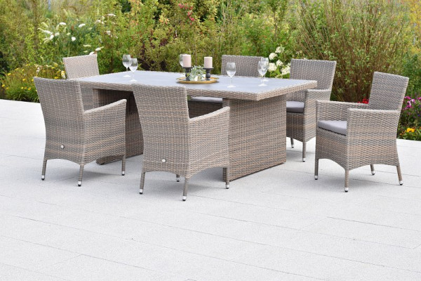 Merxx Teneriffa Set 13-teilig, 6 Sessel inkl. Sitzkissen, 1 Wangentisch, 200 x 100 cm, Tischplatte aus Glas in Steinoptik, grau-beige, 51068-257