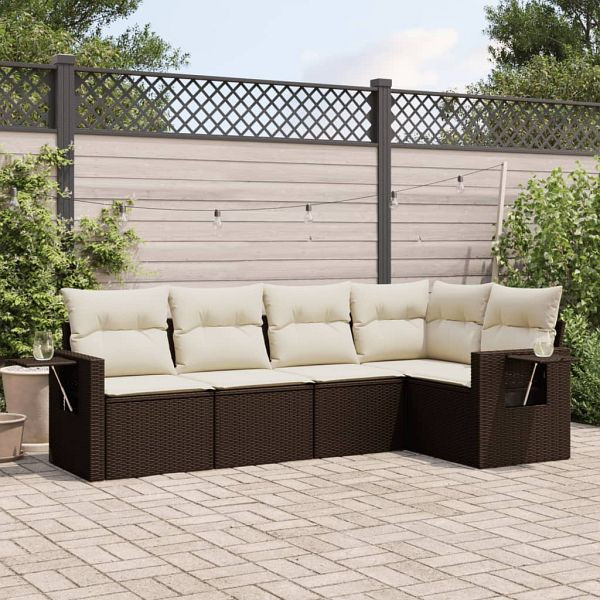 vidaXL 5-teilig Garten-Sofagarnitur mit Kissen Braun Poly Rattan, 3220132