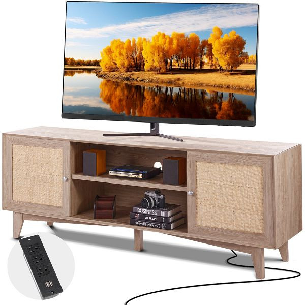 VEVOR Rattan-TV-Ständer 191cm Fernseher Boho-TV-Schrank Fernsehschrank Eiche, TBDSJ66INCHEOANELV2