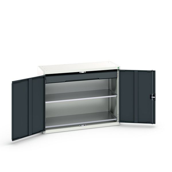 bott verso Flügeltürschrank mit Schublade, mit 2 Fachböden und 1 Schublade, BxTxH: 1300 x 550 x 1000 mm, Lichtgrau / Anthrazitgrau, 16926604.19