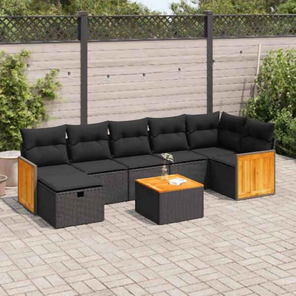 vidaXL 8-tlg. Garten-Sofagarnitur mit Kissen Schwarz Poly Rattan, 3326045