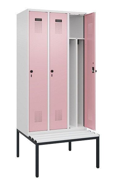 C+P Spind Evolo PLUS, 3 Abteile, 2120x900x815mm, 9016/3015, Haken 4, Drehriegel, Sitzfläche Kunststoff, Sitzbank, 0490507-30F S10072