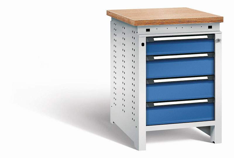 Otto Kind Werkbank Serie function Typ 107, Multiplexplatte, bündig, 4 Schubladen, mit Zentralverschluss, Gehäuse RAL 7035, Front RAL 5010, 072324186