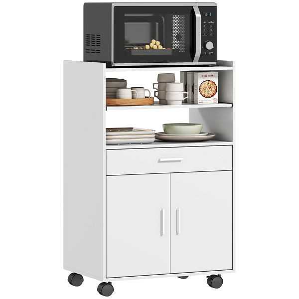 HOMCOM Mikrowellenschrank, Regal, Doppeltürschrank, Schublade, Rollen, Weiß, 83A-342V90WT