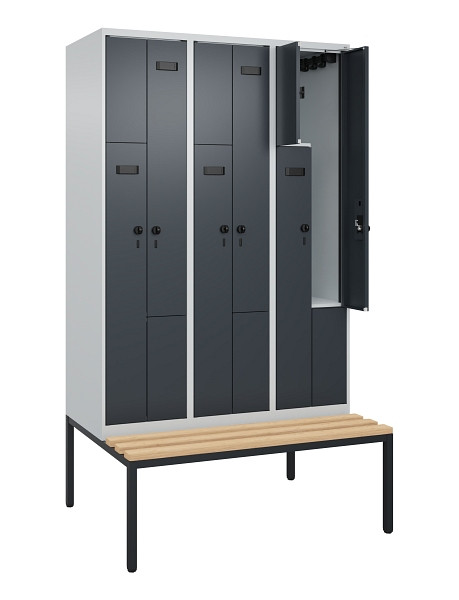 C+P Z-Spind Evolo PLUS, Bank, 6 Fächer, 2120x1200x815mm, 7035/7016, Drehriegel, Sitzfläche Buche-Hartholz, Sitzbank, 0490537-326 S10006
